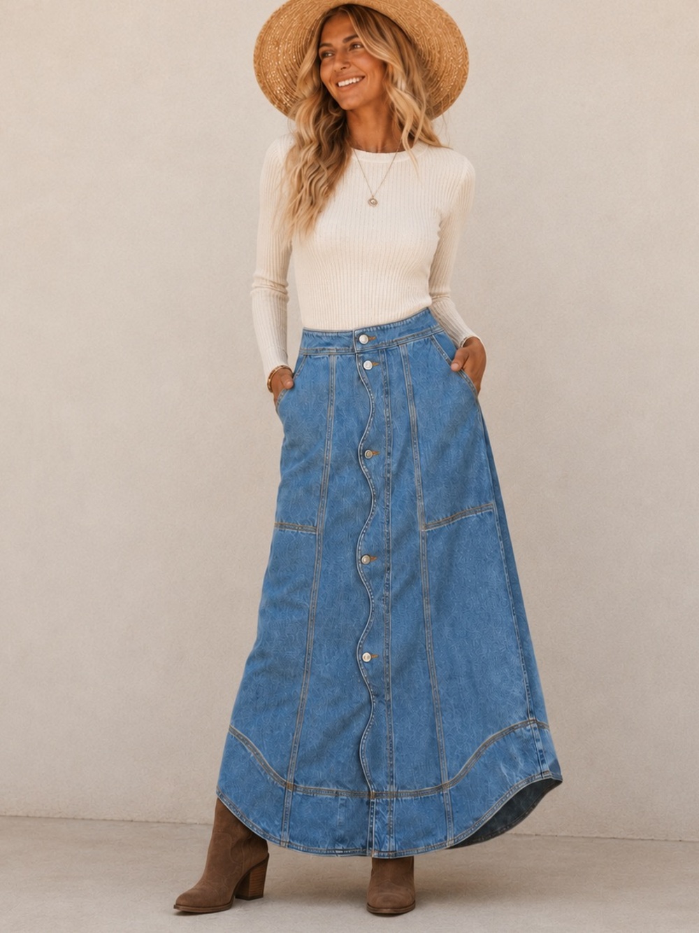 Farm Rio Denim Wave Button Front Maxi Skirt Womens 27 NWOT Boho Western A Line